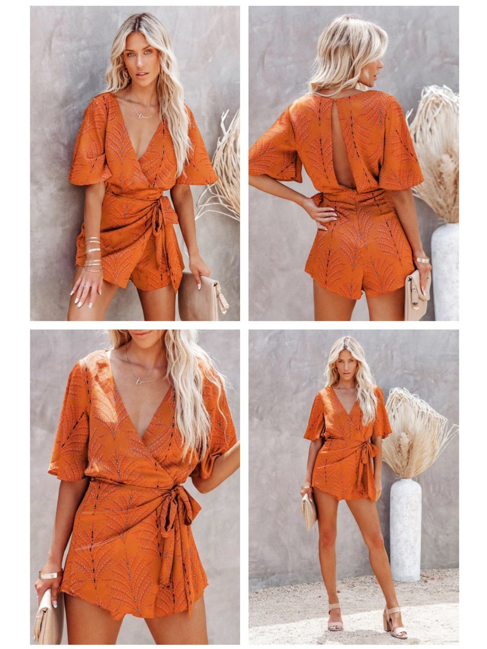 NEW- Cupshe Burnt Orange Plunge Tie-Waist Romper- XL - Picture 2 of 5
